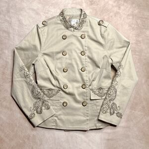 Vintage 90s Boho Beaded Military Jacket Double Breasted Hippie Festival Retro